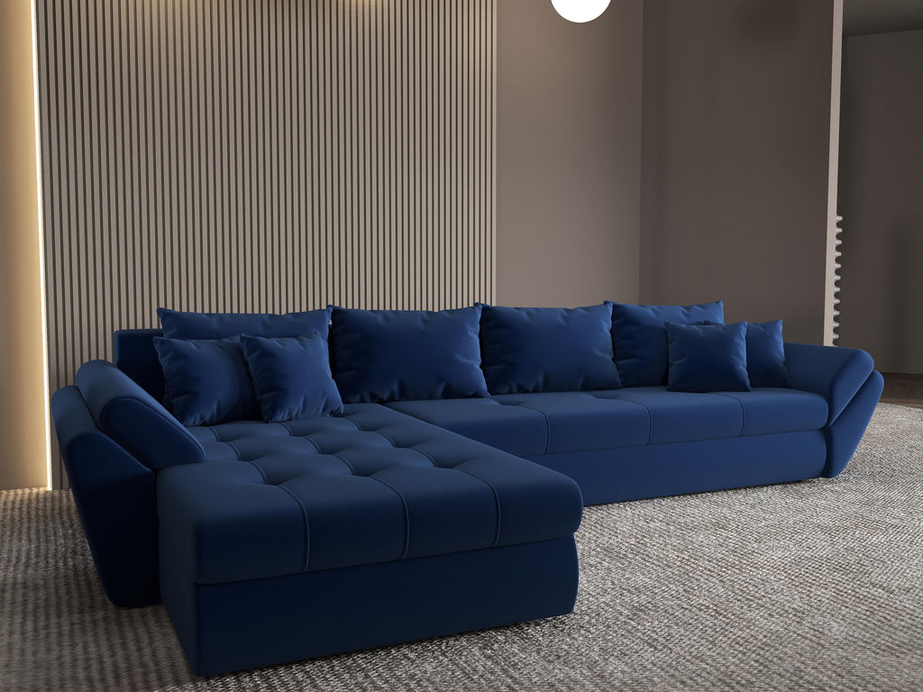 Colțar extensibil dumonde cu ladă de depozitare si sezut confortabil din spuma high-density, Loana XL Royal Albastru 335x185 cm