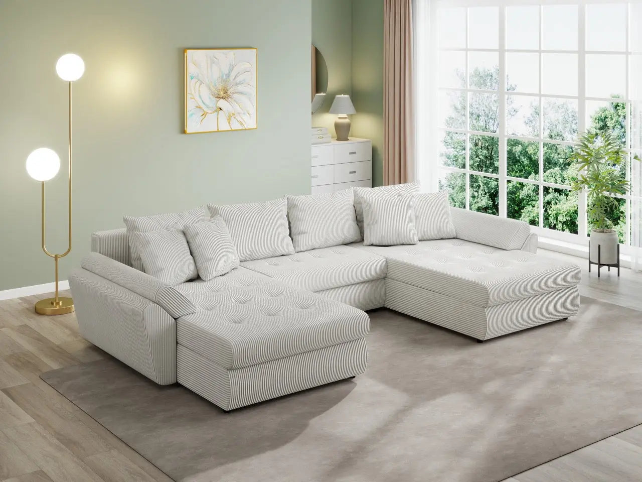 Colțar extensibil dumonde cu ladă de depozitare si sezut confortabil din spuma high-density, Loana U Zoom Cream 355x185 cm