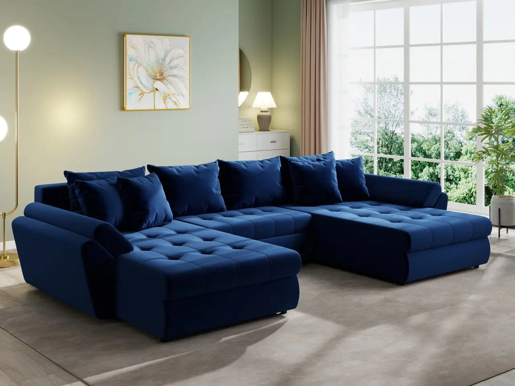 Colțar extensibil dumonde cu ladă de depozitare si sezut confortabil din spuma high-density, Loana U Royal Blue 355x185 cm