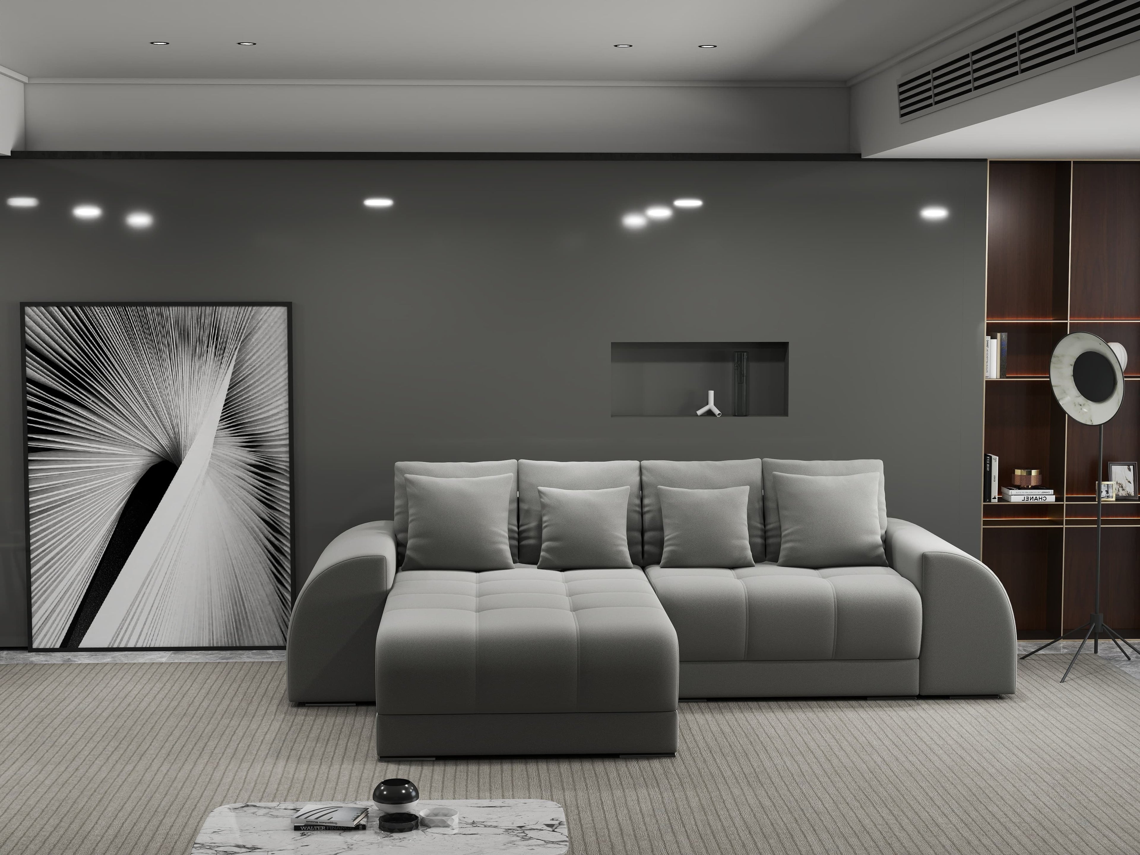 Colțar extensibil dumonde cu ladă de depozitare si sezut confortabil din spuma high-density, Verona Royal Gri 290x185 cm