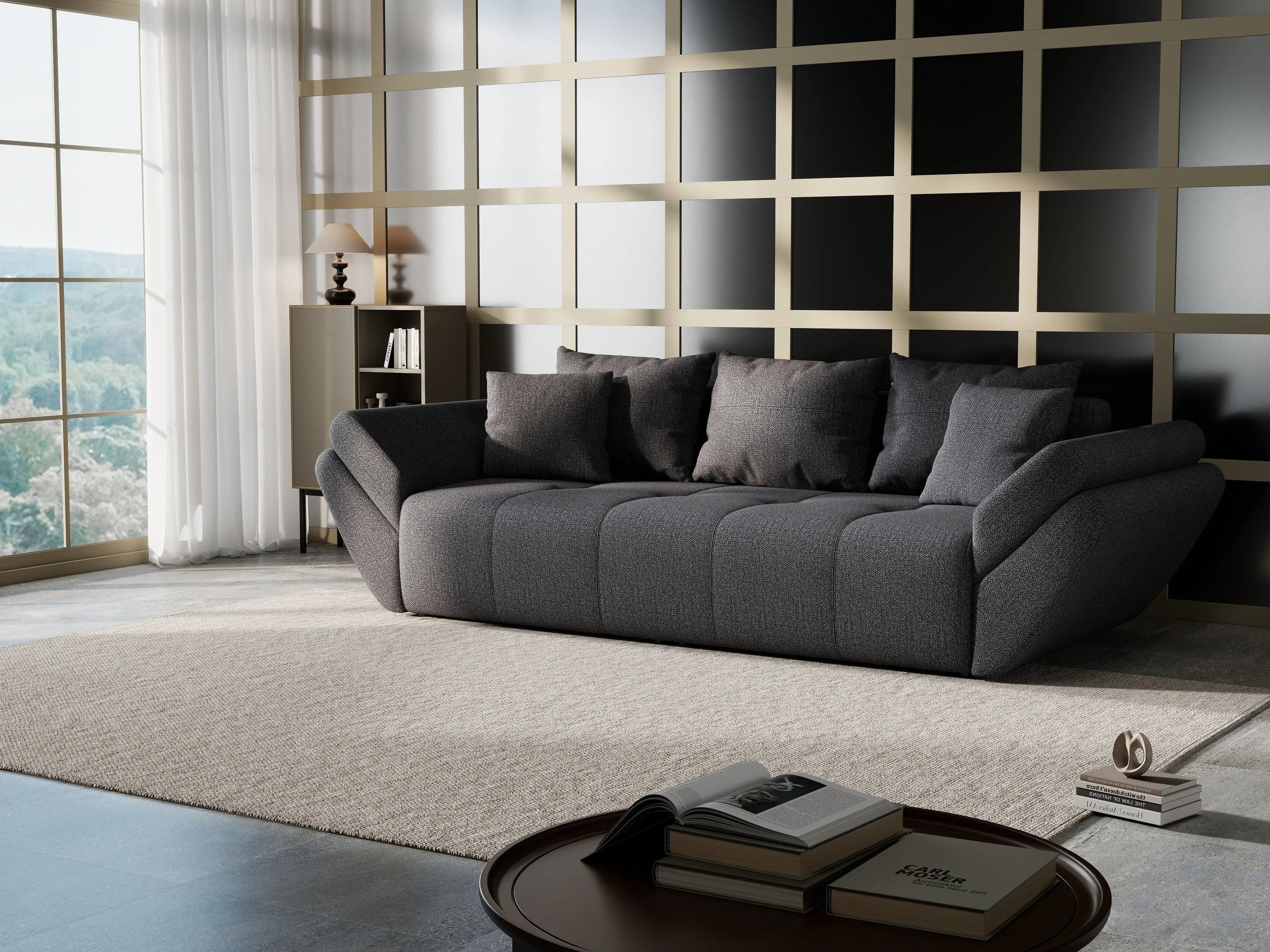 Canapea extensibilă dumonde cu ladă de depozitare si sezut confortabil din spuma high-density, Berlin Enjoy Graphite 250x100 cm