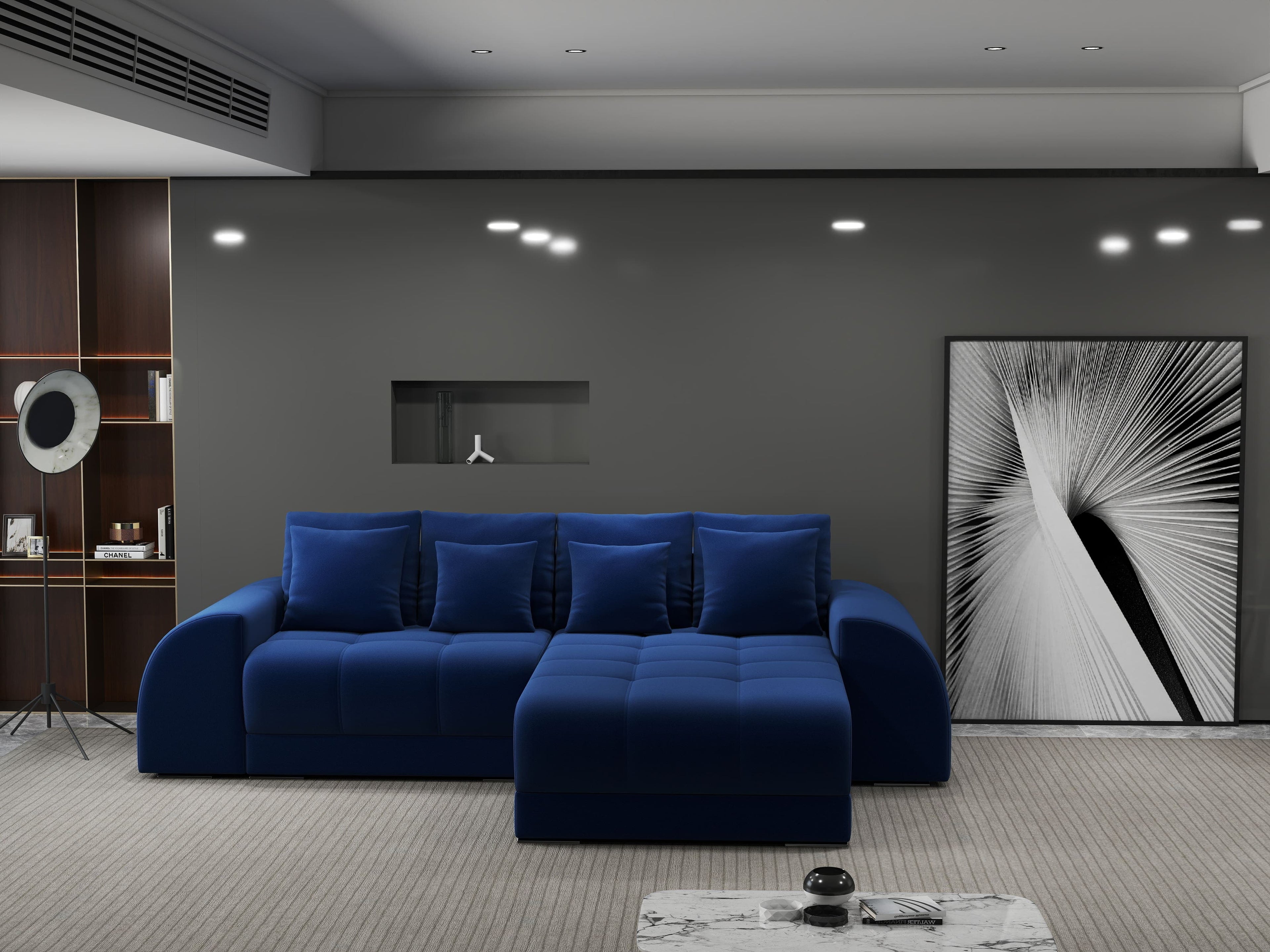 Colțar extensibil dumonde cu ladă de depozitare si sezut confortabil din spuma high-density, Verona Royal Albastru II 290x185 cm
