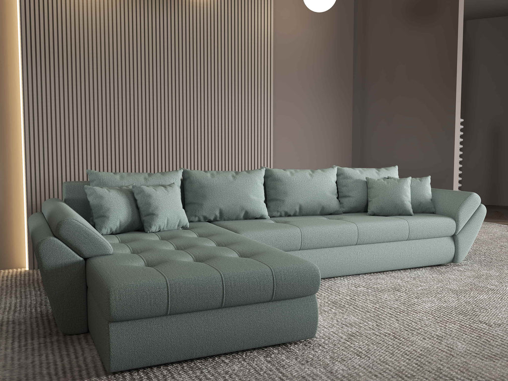 Colțar extensibil dumonde cu ladă de depozitare si sezut confortabil din spuma high-density, Loana XL Enjoy Mint 335x185 cm