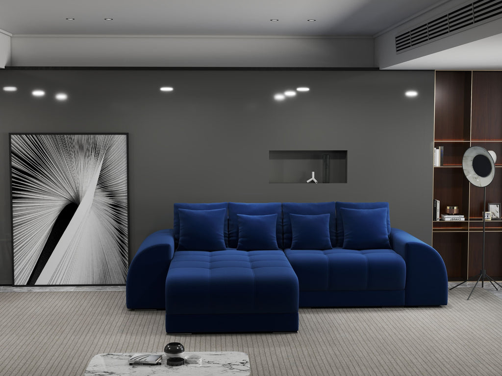 Colțar extensibil dumonde cu ladă de depozitare si sezut confortabil din spuma high-density, Verona Royal Albastru 290x185 cm