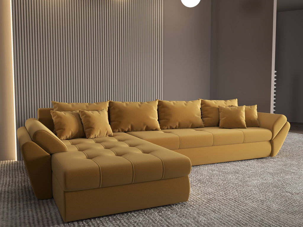 Colțar extensibil dumonde cu ladă de depozitare si sezut confortabil din spuma high-density, Loana XL Royal Mustar 335x185 cm