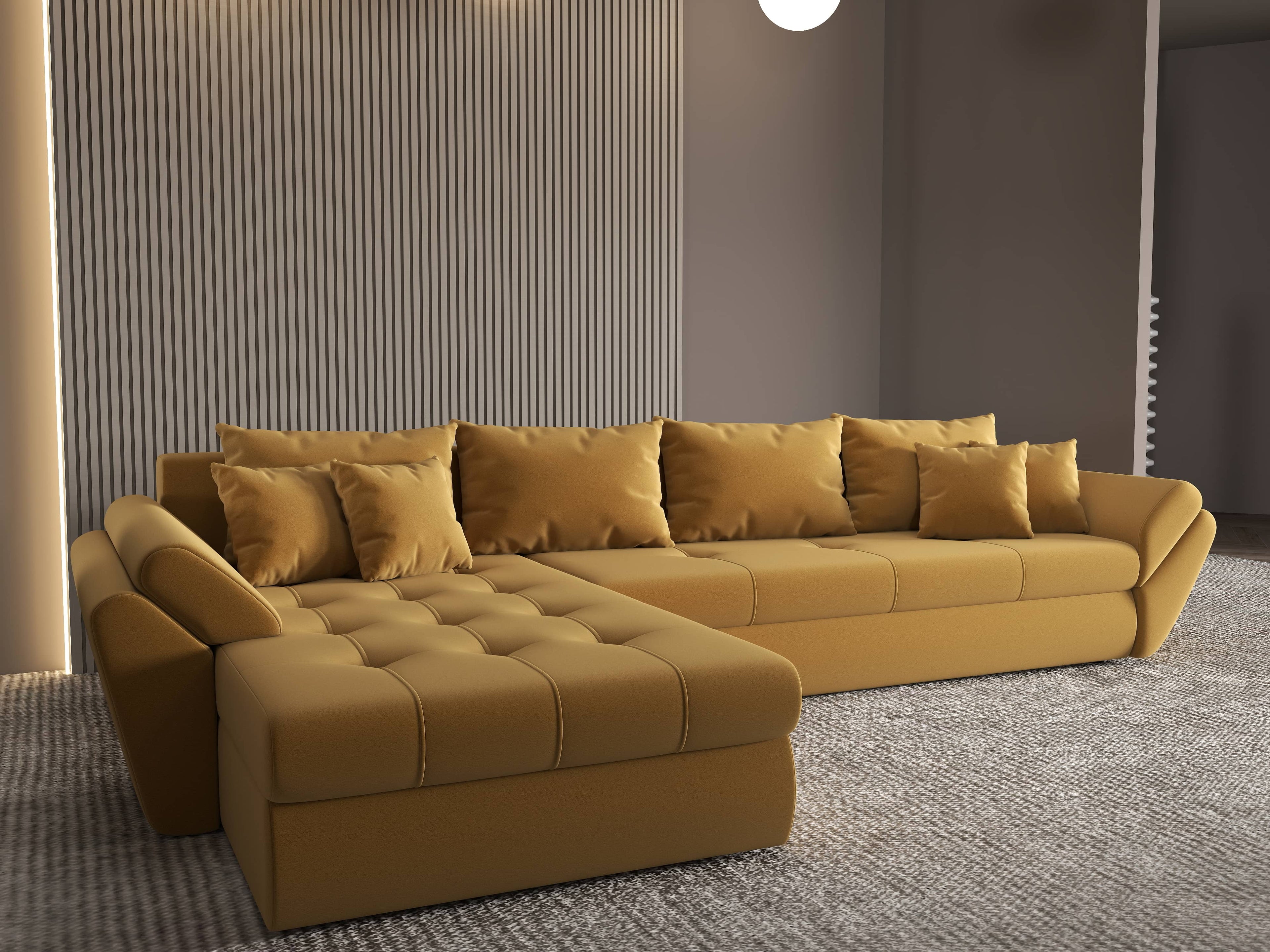 Colțar extensibil dumonde cu ladă de depozitare si sezut confortabil din spuma high-density, Loana XL Royal Mustar 335x185 cm