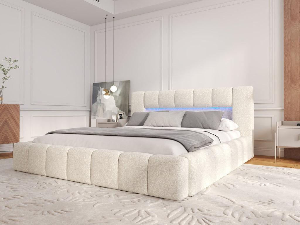 Pat dormitor dumonde, tapitat bej cu LED si USB, Palermo 160x200 cm, somiera rabatabila inclusa, spatiu depozitare