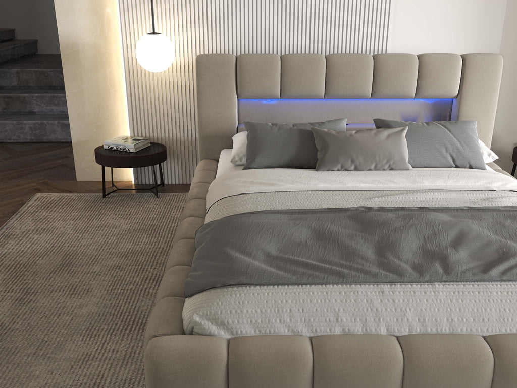 Pat dormitor dumonde, tapitat bej cu LED si USB, Palermo 180x200 cm, somiera rabatabila inclusa, spatiu depozitare