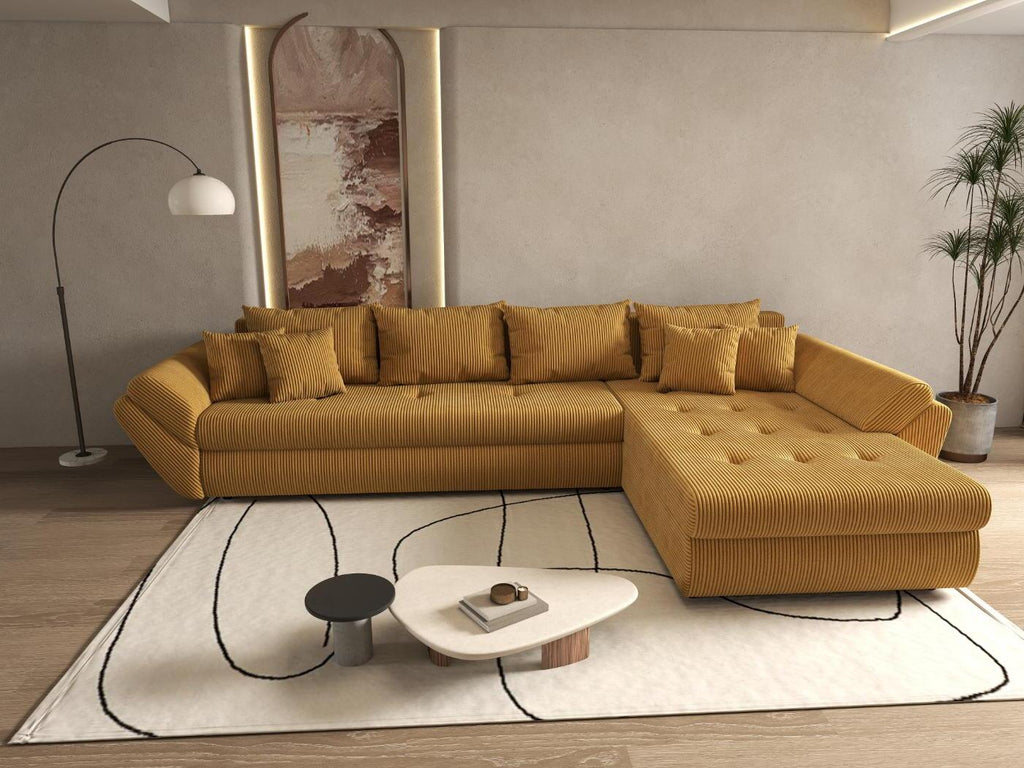 Colțar extensibil dumonde cu ladă de depozitare si sezut confortabil din spuma high-density, Loana XL Zoom Mustar II 335x185 cm