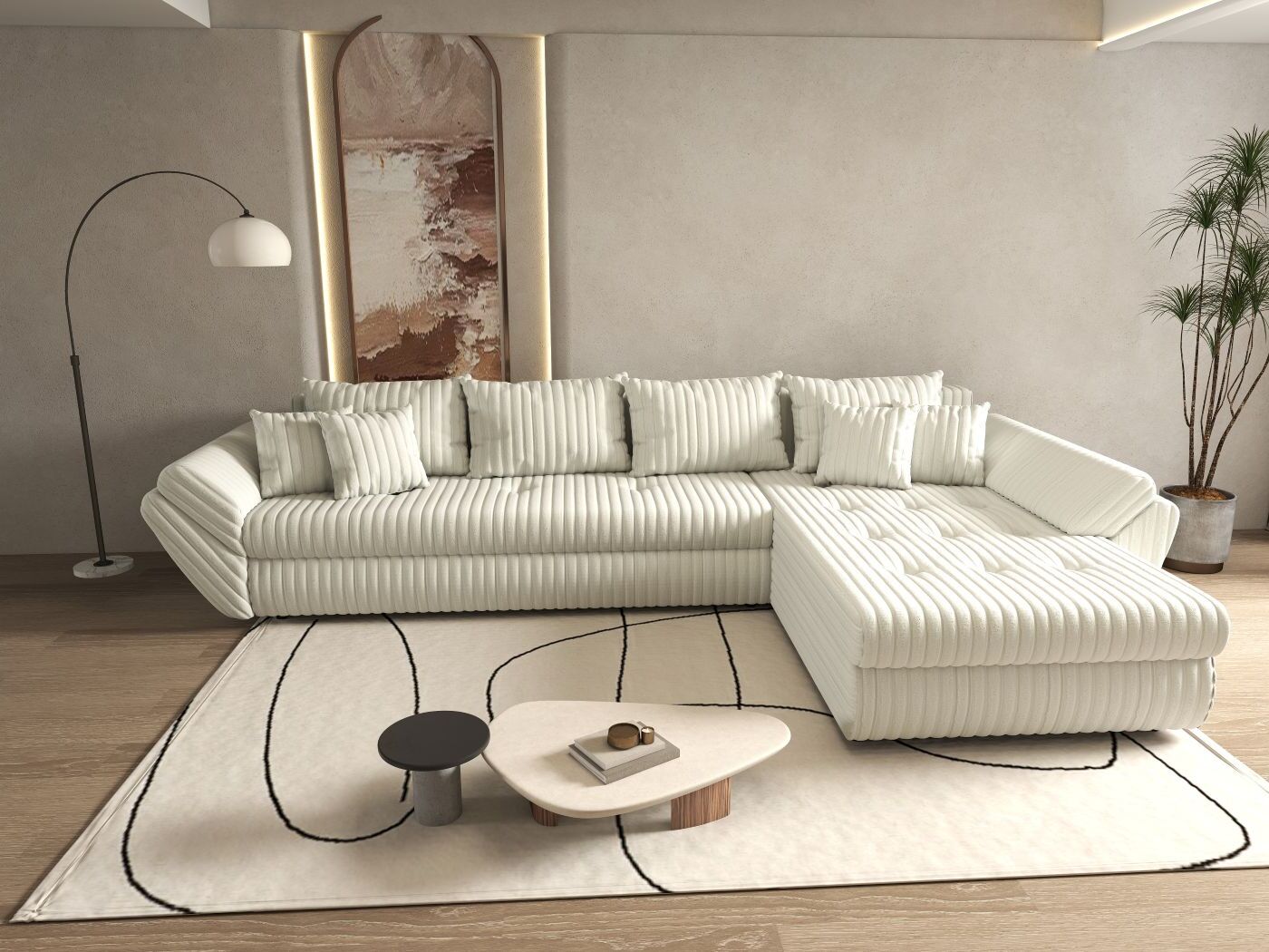 Colțar extensibil dumonde cu ladă de depozitare si sezut confortabil din spuma high-density, Loana XL Ambience Ivory II 335x185 cm