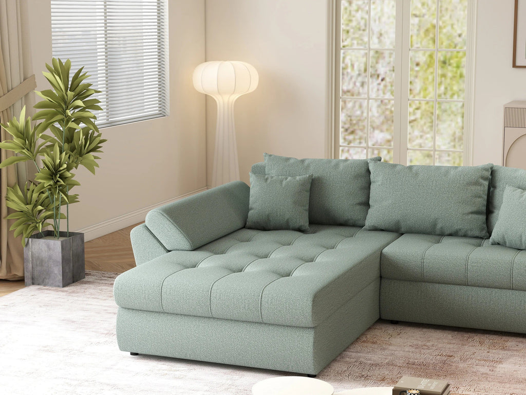 Colțar extensibil dumonde cu ladă de depozitare si sezut confortabil din spuma high-density, Loana Enjoy Mint 270x185 cm