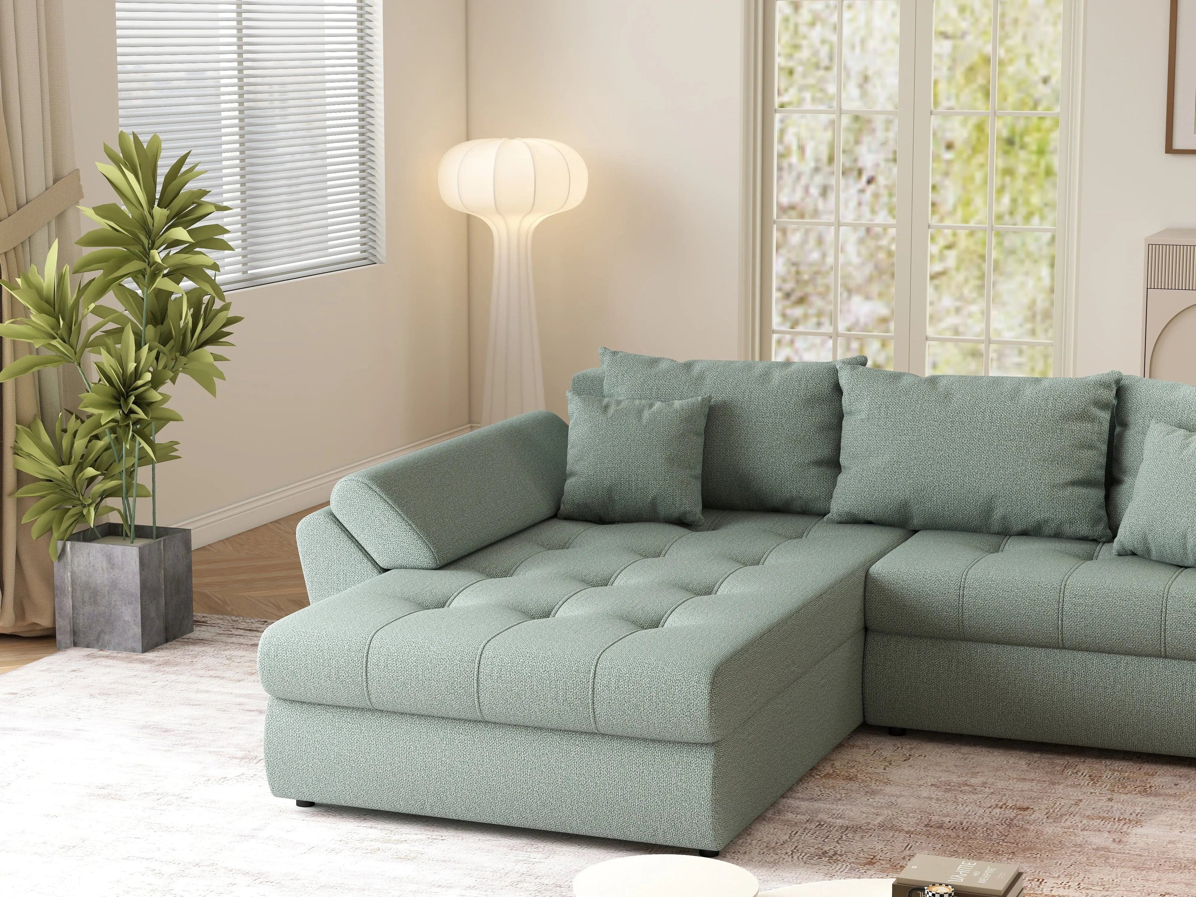 Colțar extensibil dumonde cu ladă de depozitare si sezut confortabil din spuma high-density, Loana Enjoy Mint 270x185 cm