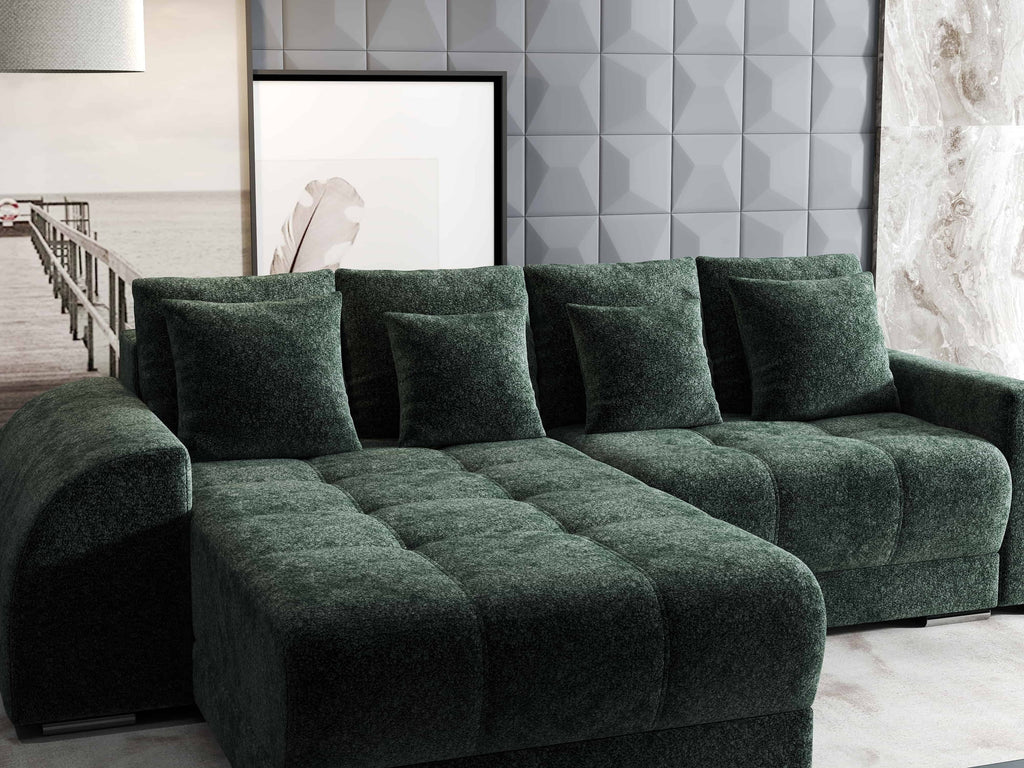 Colțar extensibil dumonde cu ladă de depozitare si sezut confortabil din spuma high-density, Verona Euphoria Verde 290x185 cm