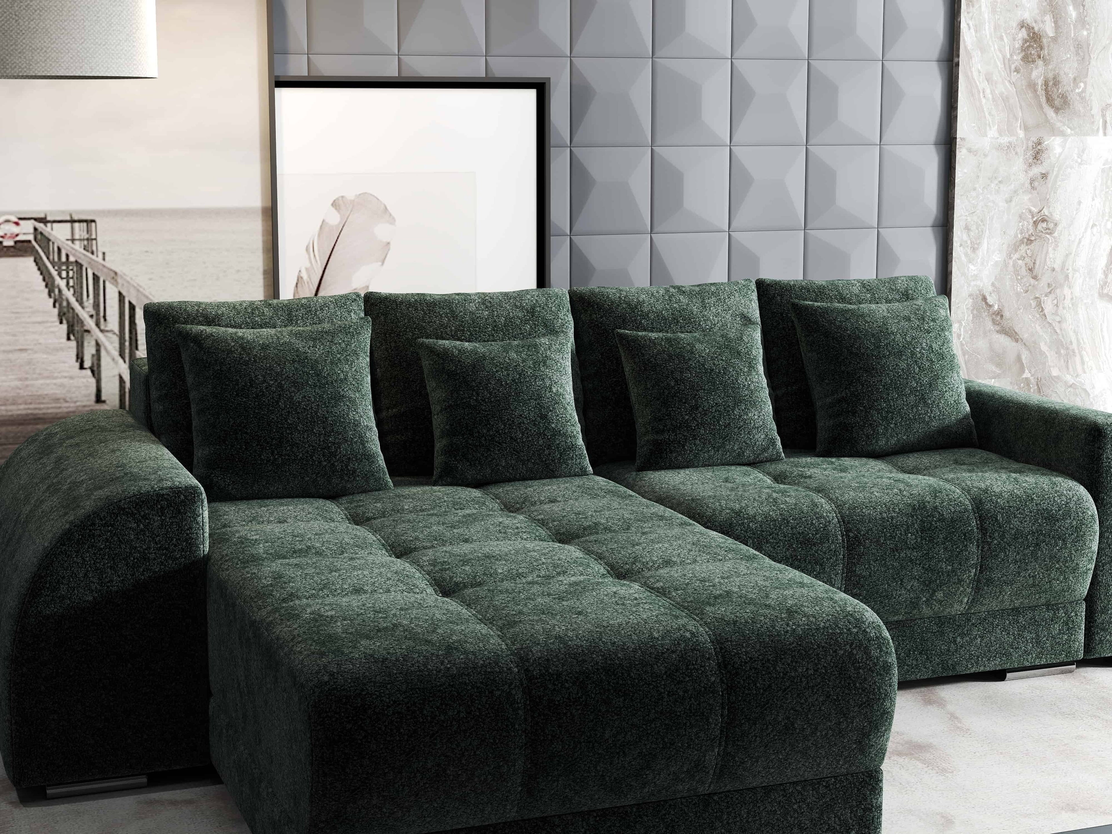 Colțar extensibil dumonde cu ladă de depozitare si sezut confortabil din spuma high-density, Verona Euphoria Verde 290x185 cm