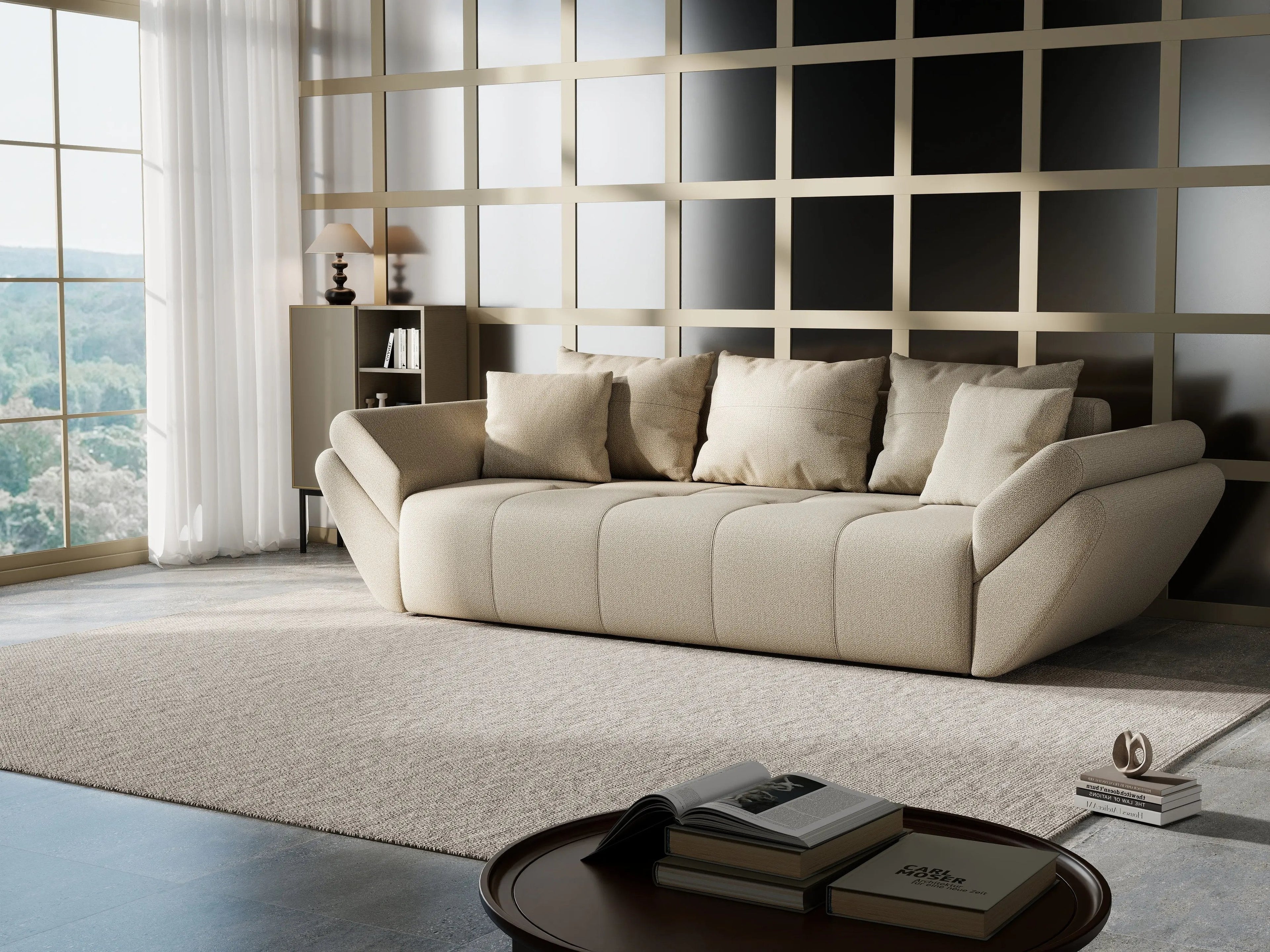Canapea extensibilă dumonde cu ladă de depozitare si sezut confortabil din spuma high-density, Berlin Enjoy Camel 250x100 cm