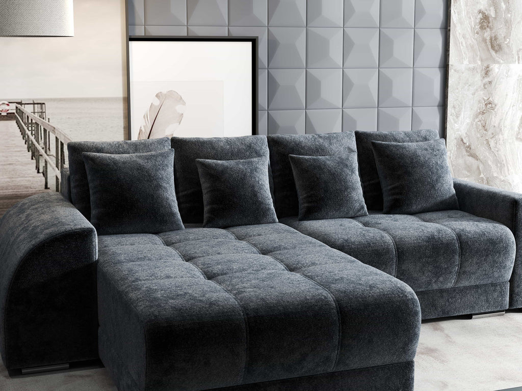 Colțar extensibil dumonde cu ladă de depozitare si sezut confortabil din spuma high-density, Verona Euphoria Grafit 290x185 cm