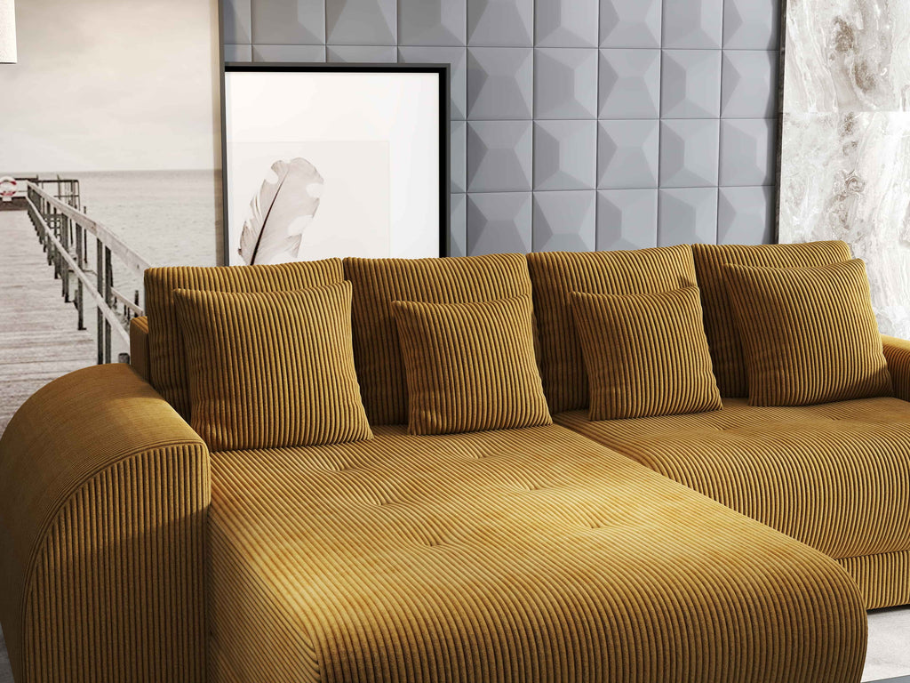 Colțar extensibil dumonde cu ladă de depozitare si sezut confortabil din spuma high-density, Verona Zoom Mustar 290x185 cm