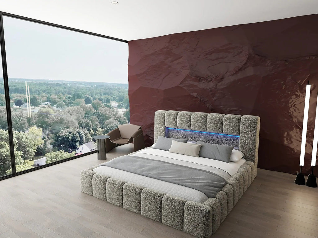 Pat dormitor dumonde, tapitat bej cu LED si USB, Palermo 160x200 cm, somiera rabatabila inclusa, spatiu depozitare