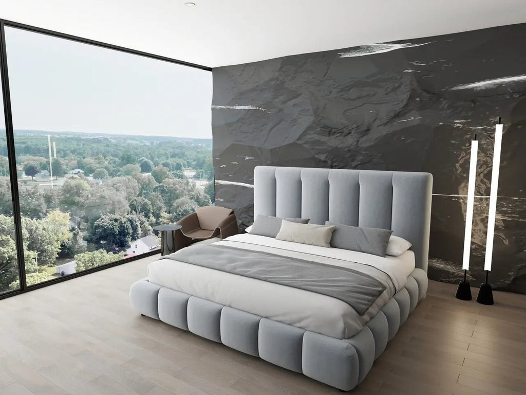 Pat dormitor dumonde, tapitat gri, Divaneo 140x200 cm, somiera rabatabila inclusa, spatiu depozitare