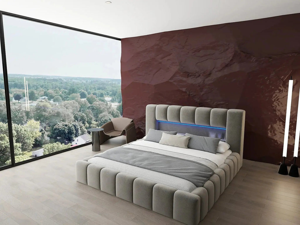 Pat dormitor dumonde, tapitat bej cu LED si USB, Palermo 160x200 cm, somiera rabatabila inclusa, spatiu depozitare