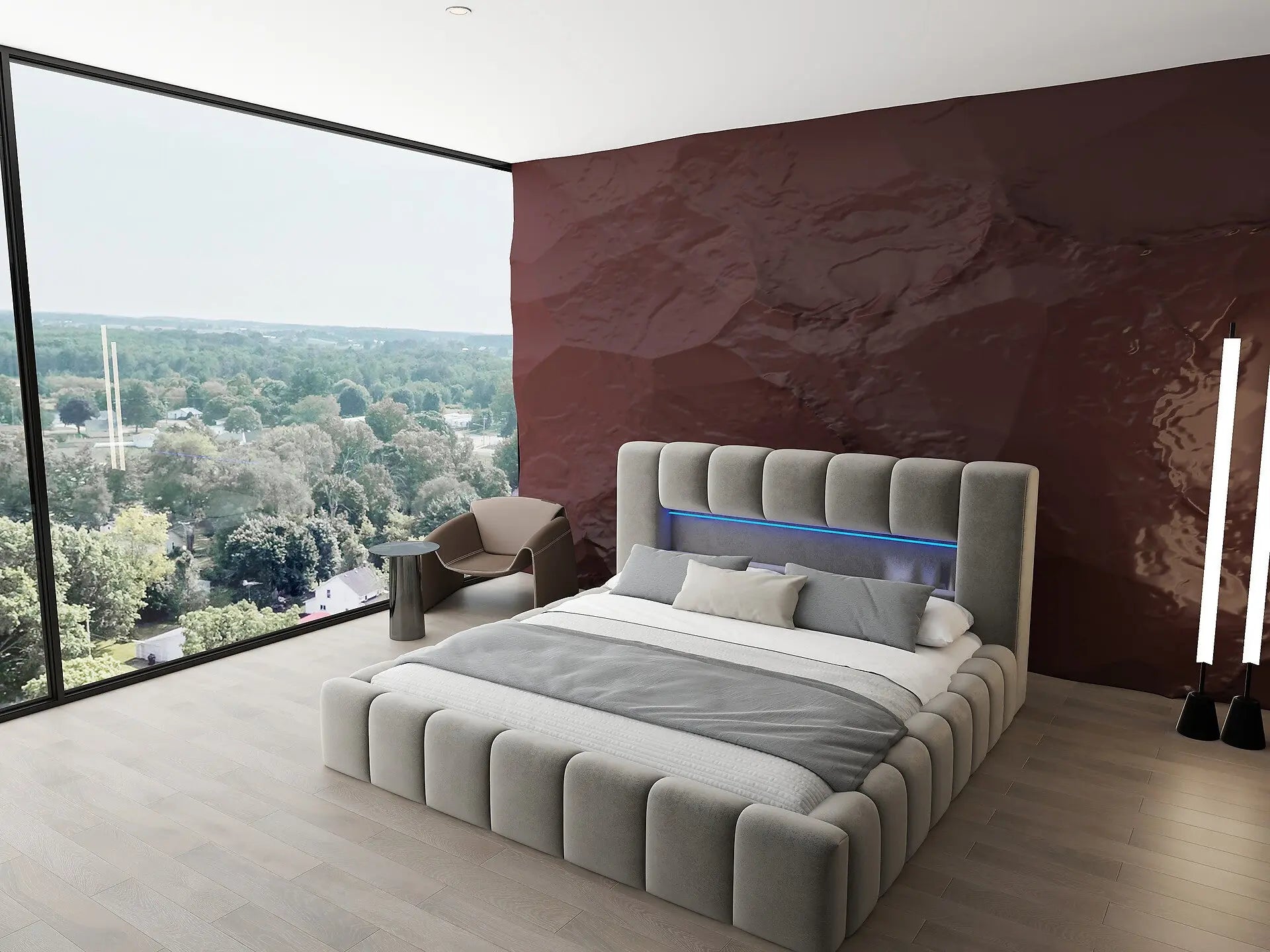 Pat dormitor dumonde, tapitat bej cu LED si USB, Palermo 180x200 cm, somiera rabatabila inclusa, spatiu depozitare