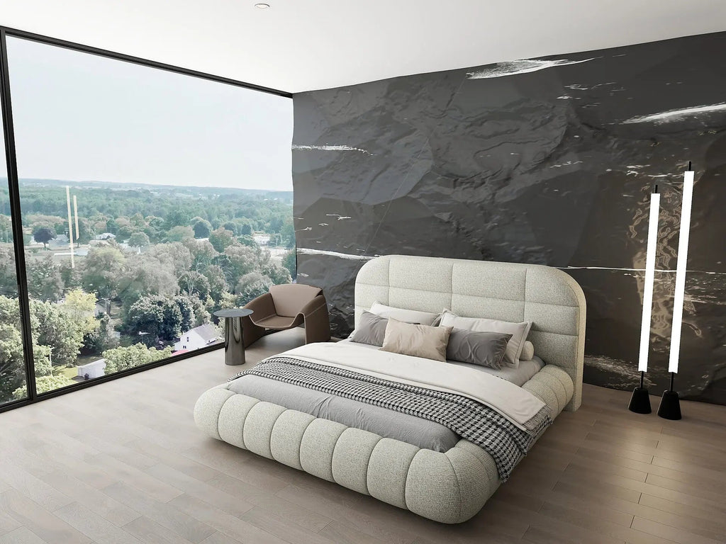 Pat dormitor dumonde, tapitat bej, Senso 180x200 cm, somiera rabatabila inclusa, spatiu depozitare