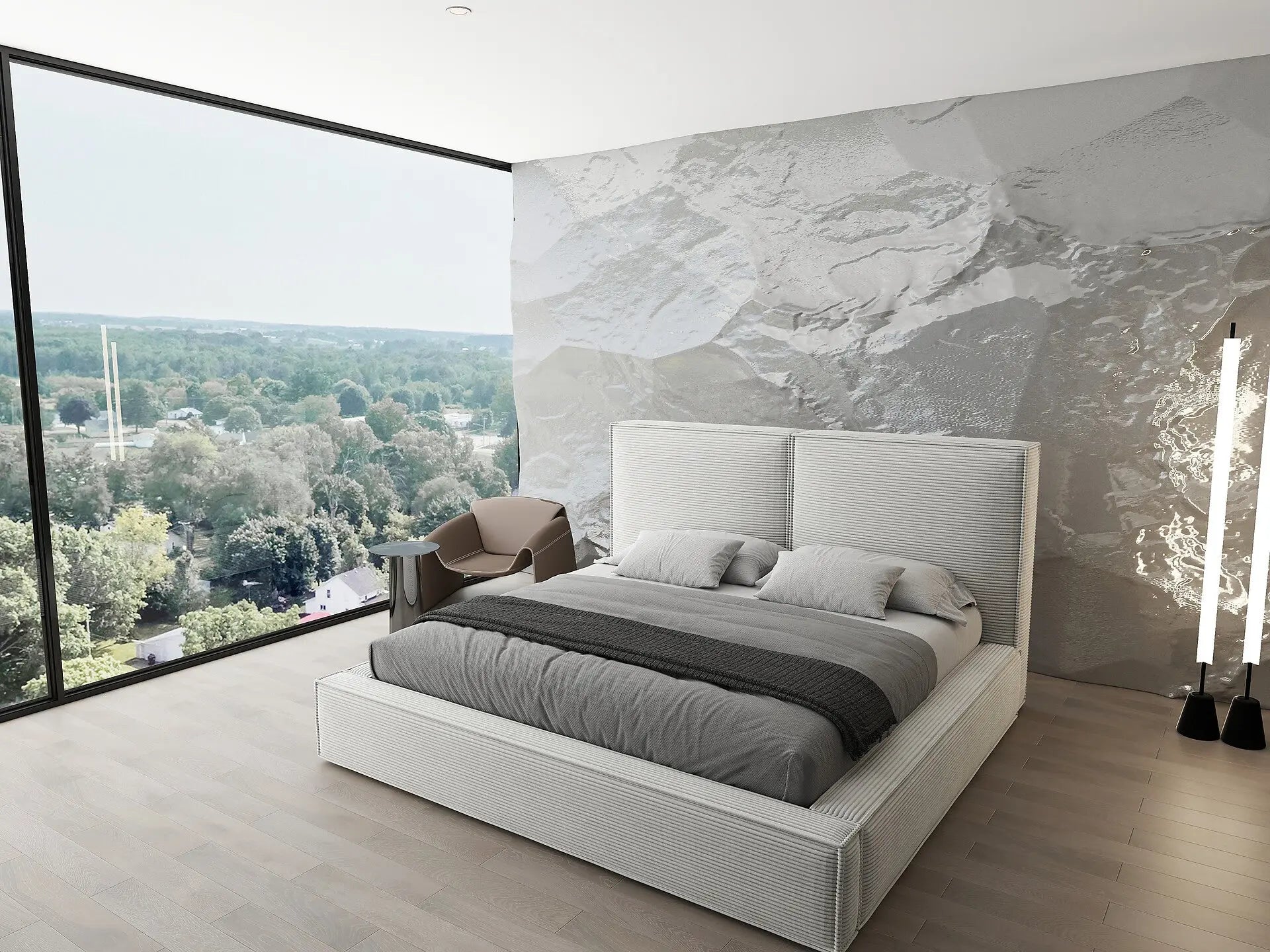 Pat dormitor dumonde, tapitat bej, Dreamer 160x200 cm, somiera rabatabila inclusa, spatiu depozitare