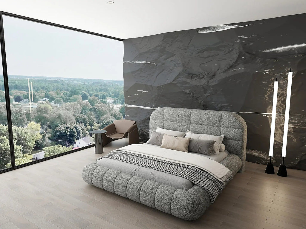 Pat dormitor dumonde, tapitat gri, Senso 180x200 cm, somiera rabatabila inclusa, spatiu depozitare
