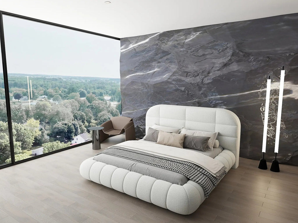 Pat dormitor dumonde, tapitat alb, Senso 160x200 cm, somiera rabatabila inclusa, spatiu depozitare