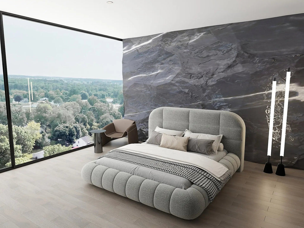 Pat dormitor dumonde, tapitat gri, Senso 160x200 cm, somiera rabatabila inclusa, spatiu depozitare