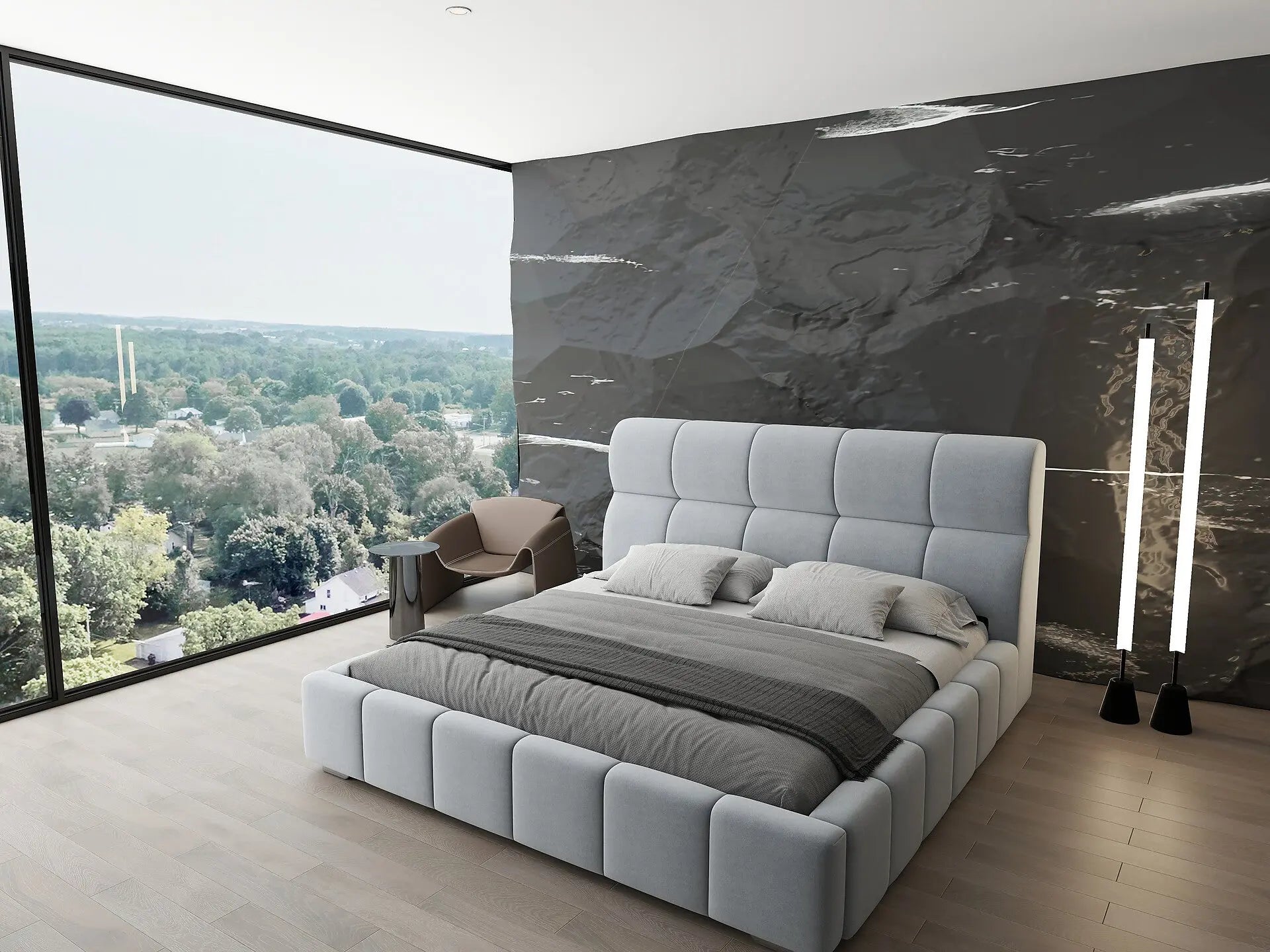 Pat dormitor dumonde, tapitat gri, Prestige 160x200 cm, somiera rabatabila inclusa, spatiu depozitare