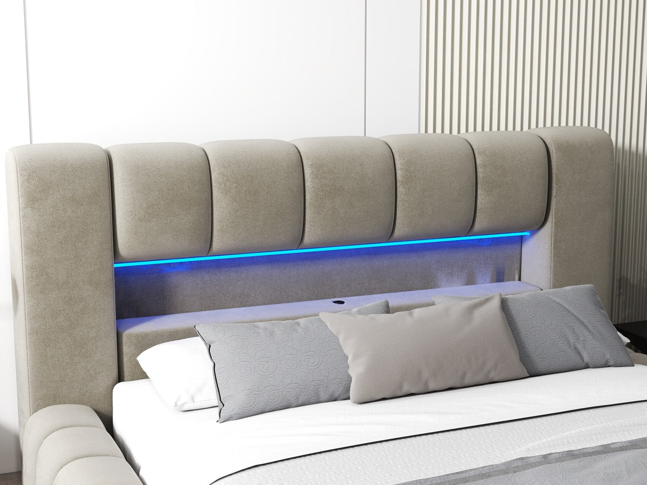 Pat dormitor dumonde, tapitat bej cu LED si USB, Palermo 160x200 cm, somiera rabatabila inclusa, spatiu depozitare