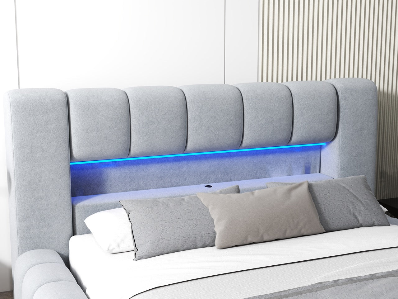 Pat dormitor dumonde, tapitat gri cu LED si USB, Palermo 160x200 cm, somiera rabatabila inclusa, spatiu depozitare