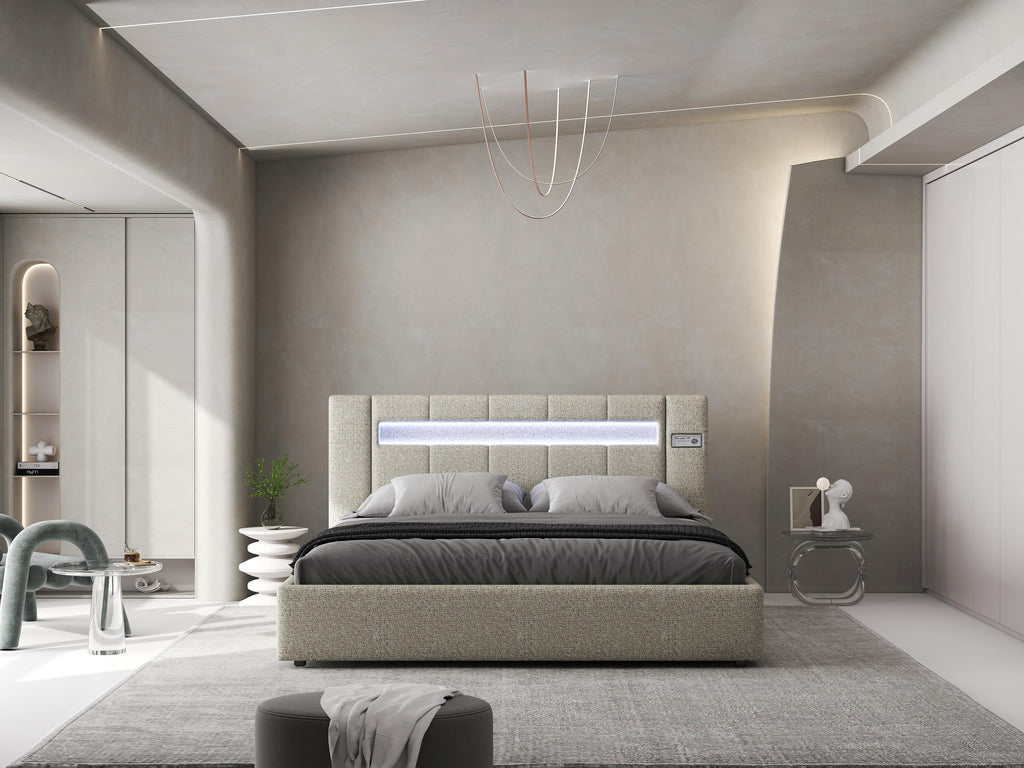 Pat dormitor dumonde, tapitat gri, Glow 180x200 cm, somiera rabatabila inclusa, spatiu depozitare