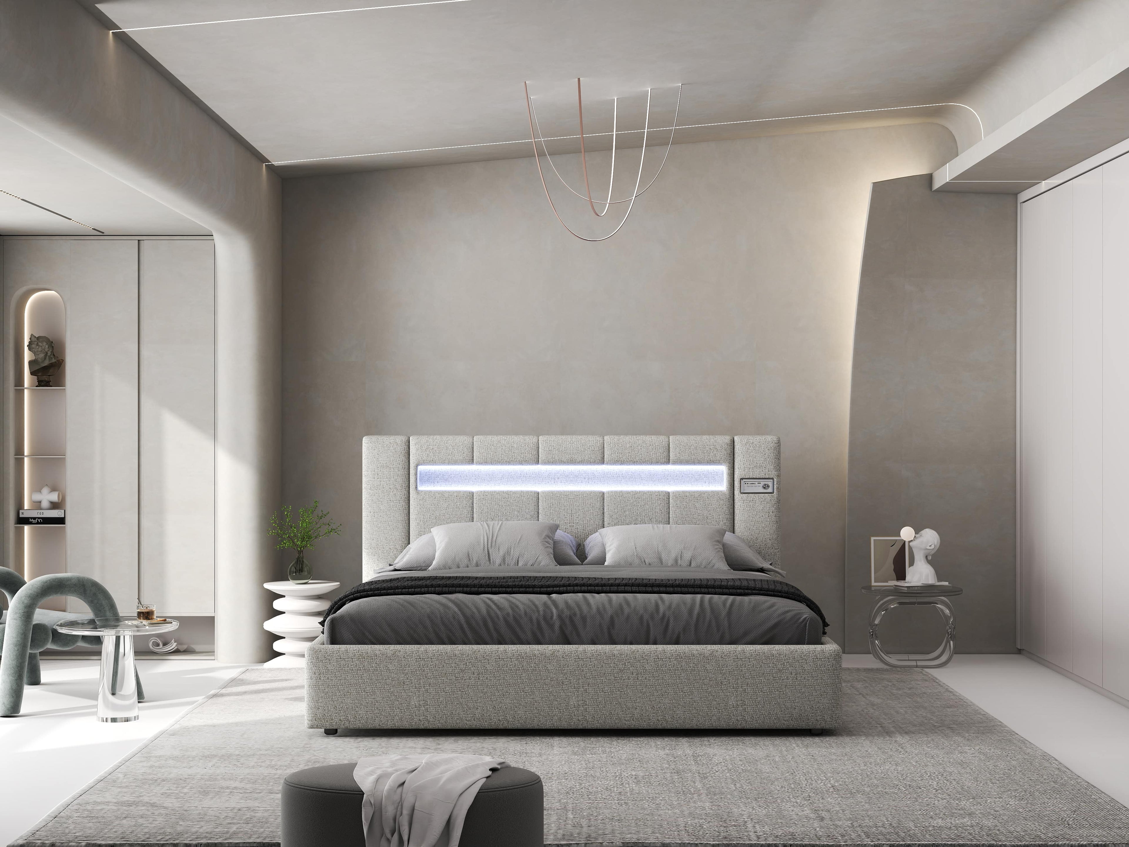 Pat dormitor dumonde, tapitat gri, Glow 160x200 cm, somiera rabatabila inclusa, spatiu depozitare