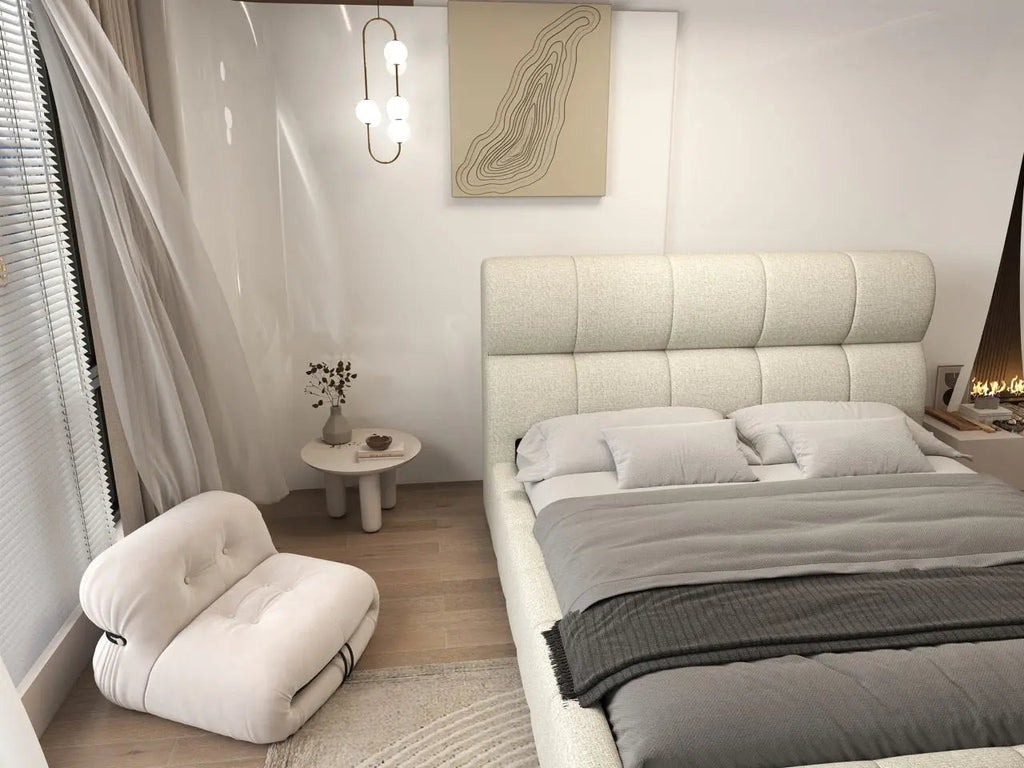 Pat dormitor dumonde, tapitat bej, Prestige 180x200 cm, somiera rabatabila inclusa, spatiu depozitare