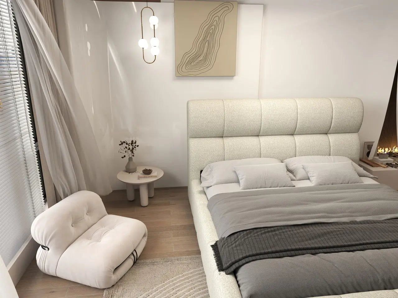 Pat dormitor dumonde, tapitat bej, Prestige 180x200 cm, somiera rabatabila inclusa, spatiu depozitare