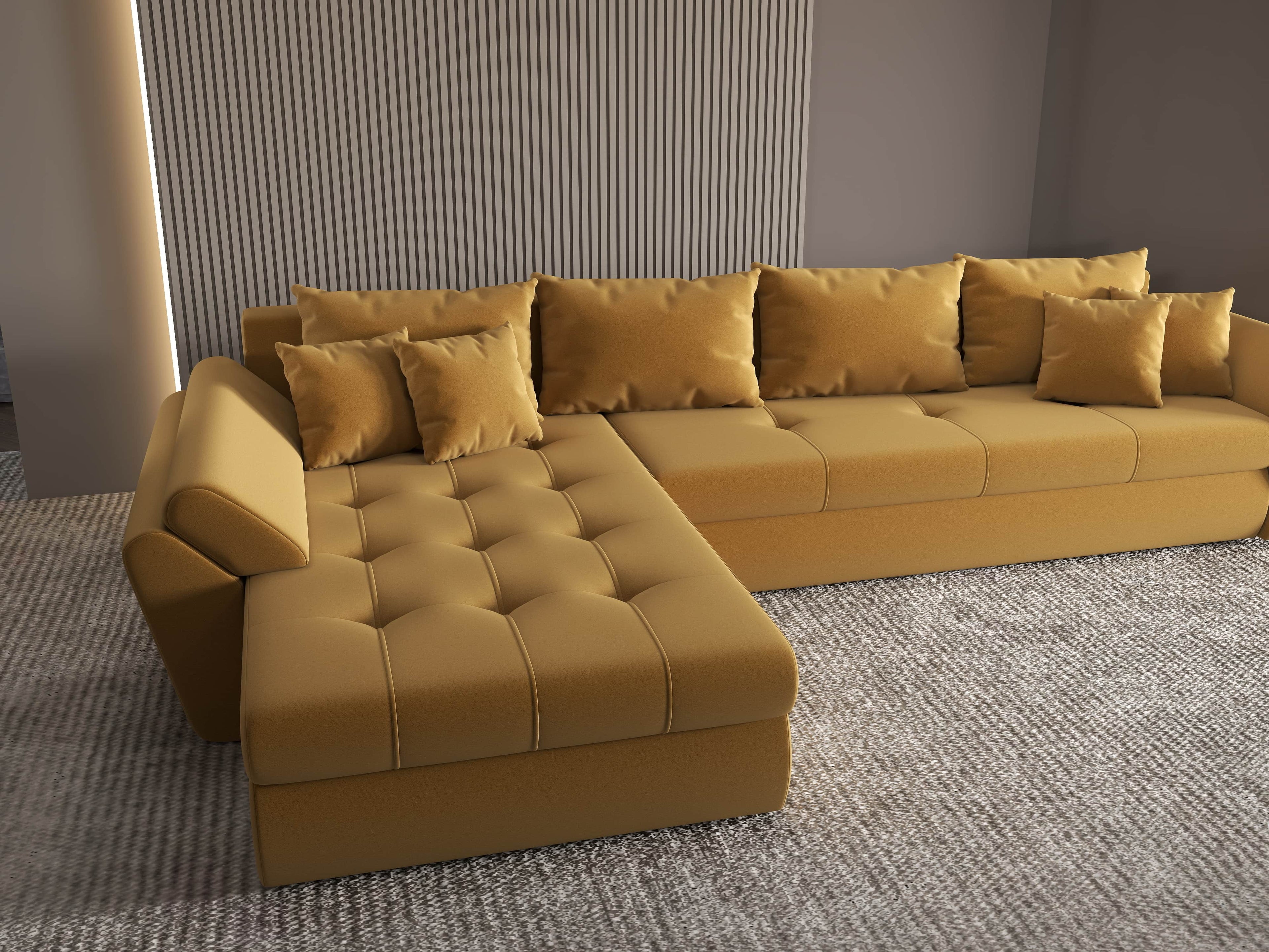 Colțar extensibil dumonde cu ladă de depozitare si sezut confortabil din spuma high-density, Loana XL Royal Mustar 335x185 cm