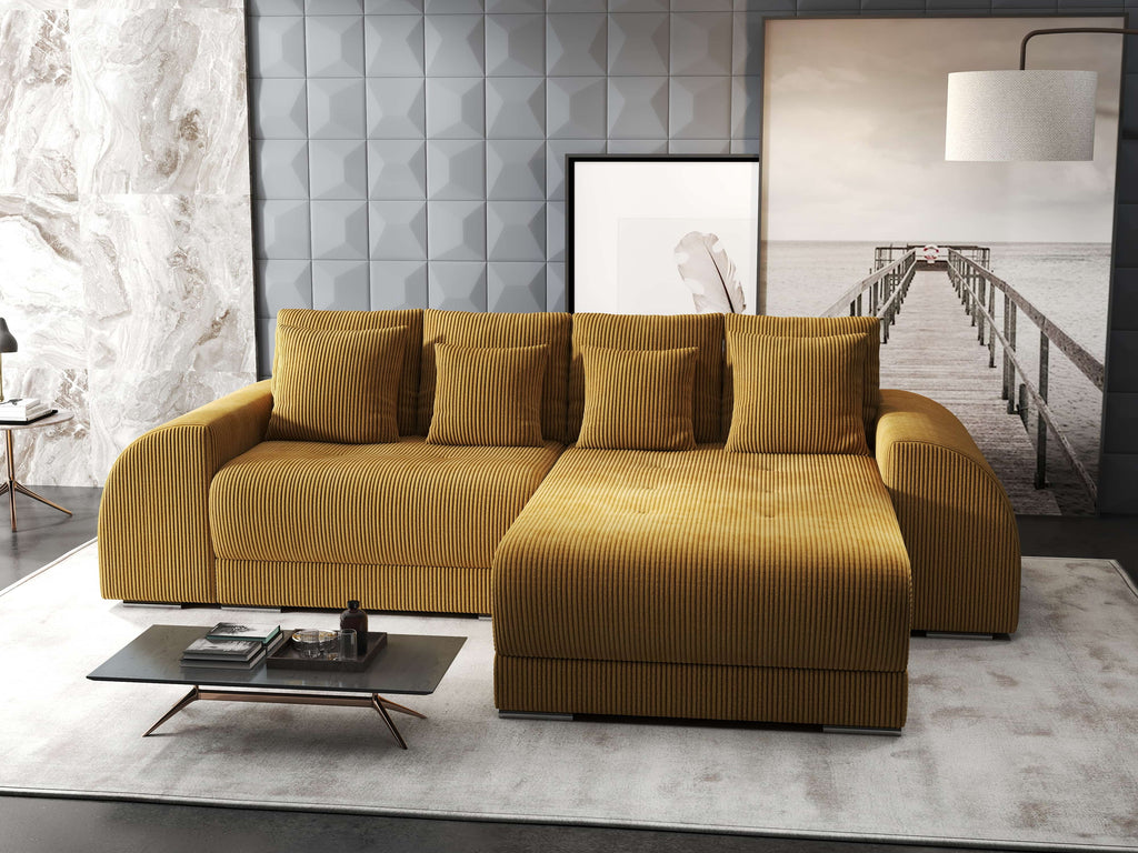 Colțar extensibil dumonde cu ladă de depozitare si sezut confortabil din spuma high-density, Verona Zoom Mustar II 290x185 cm