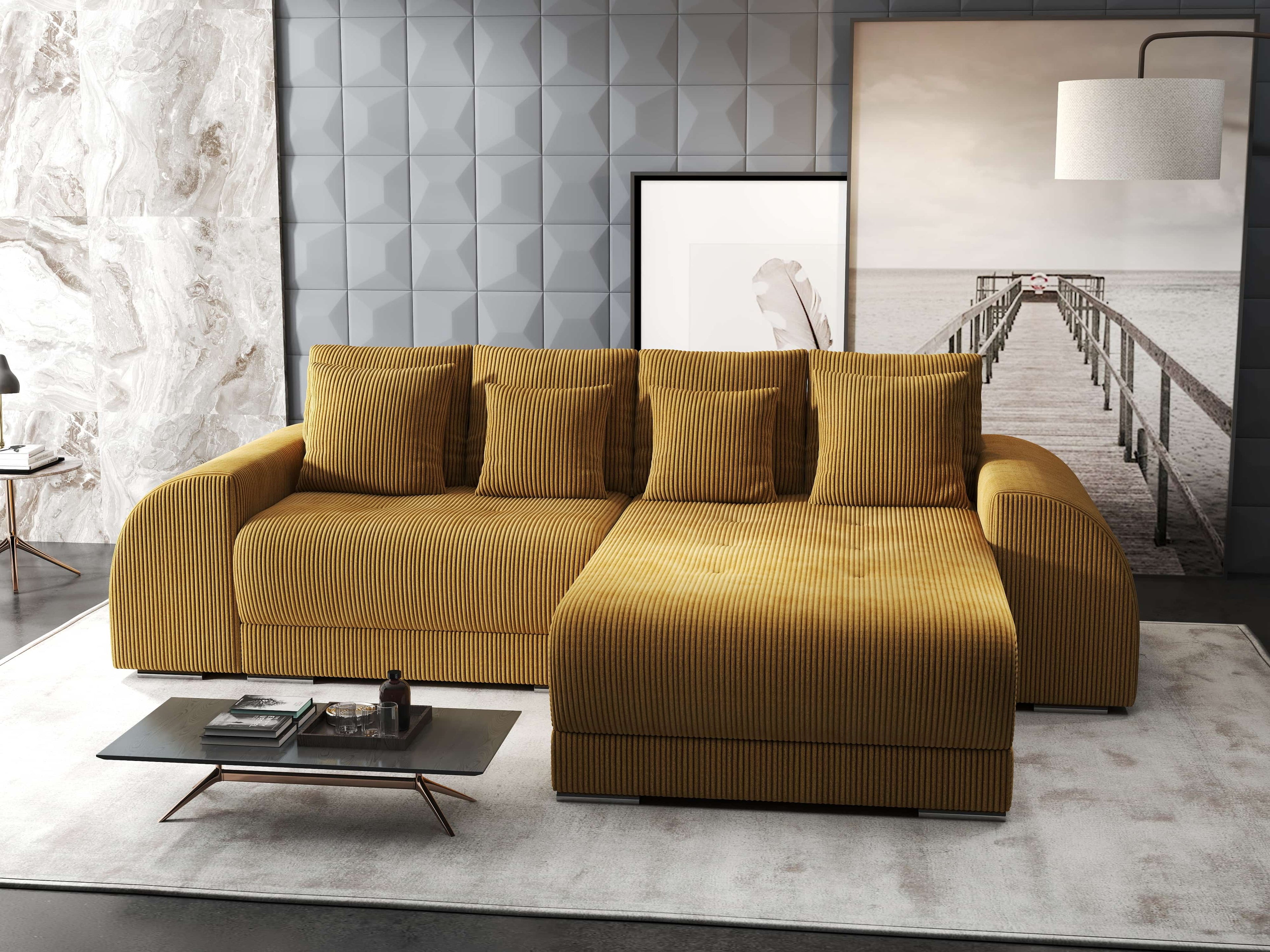 Colțar extensibil dumonde cu ladă de depozitare si sezut confortabil din spuma high-density, Verona Zoom Mustar II 290x185 cm