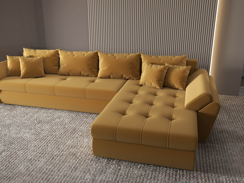 Colțar extensibil dumonde cu ladă de depozitare si sezut confortabil din spuma high-density, Loana XL Royal Mustar II 335x185 cm