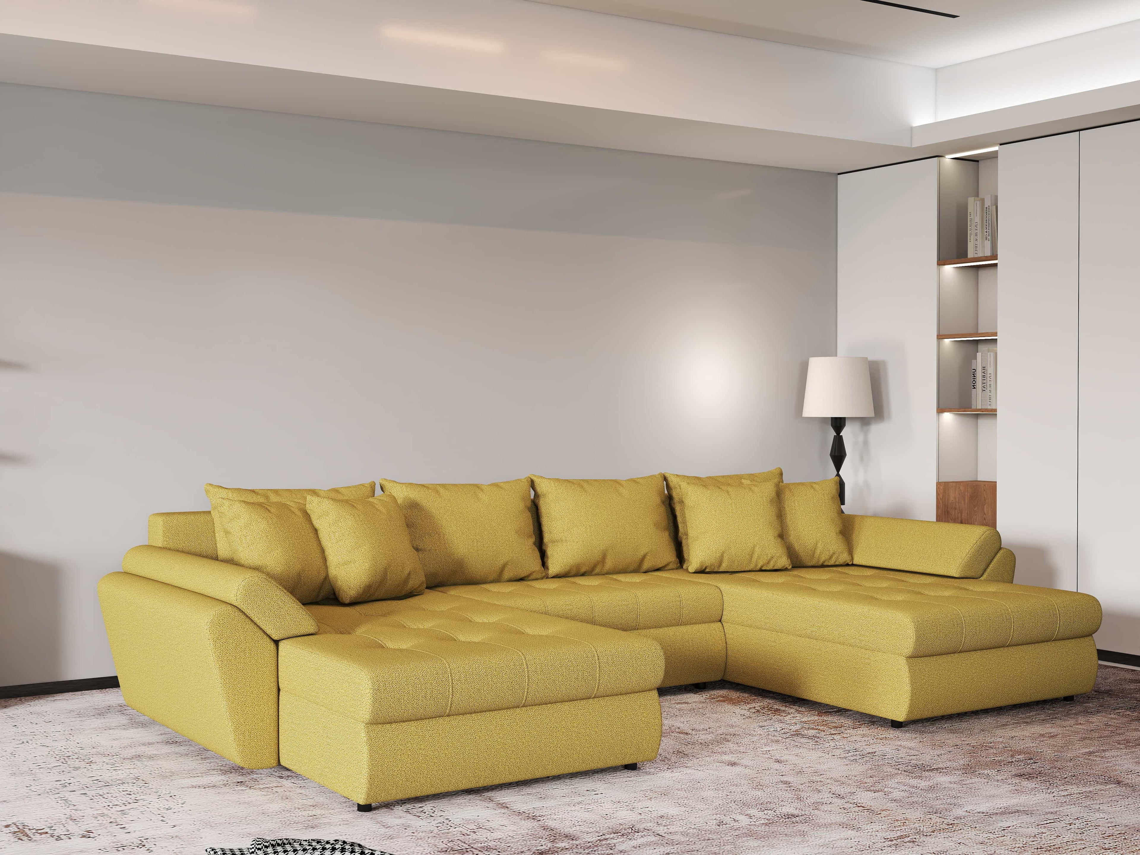 Colțar extensibil dumonde cu ladă de depozitare si sezut confortabil din spuma high-density, Loana U Enjoy Melon 355x185 cm