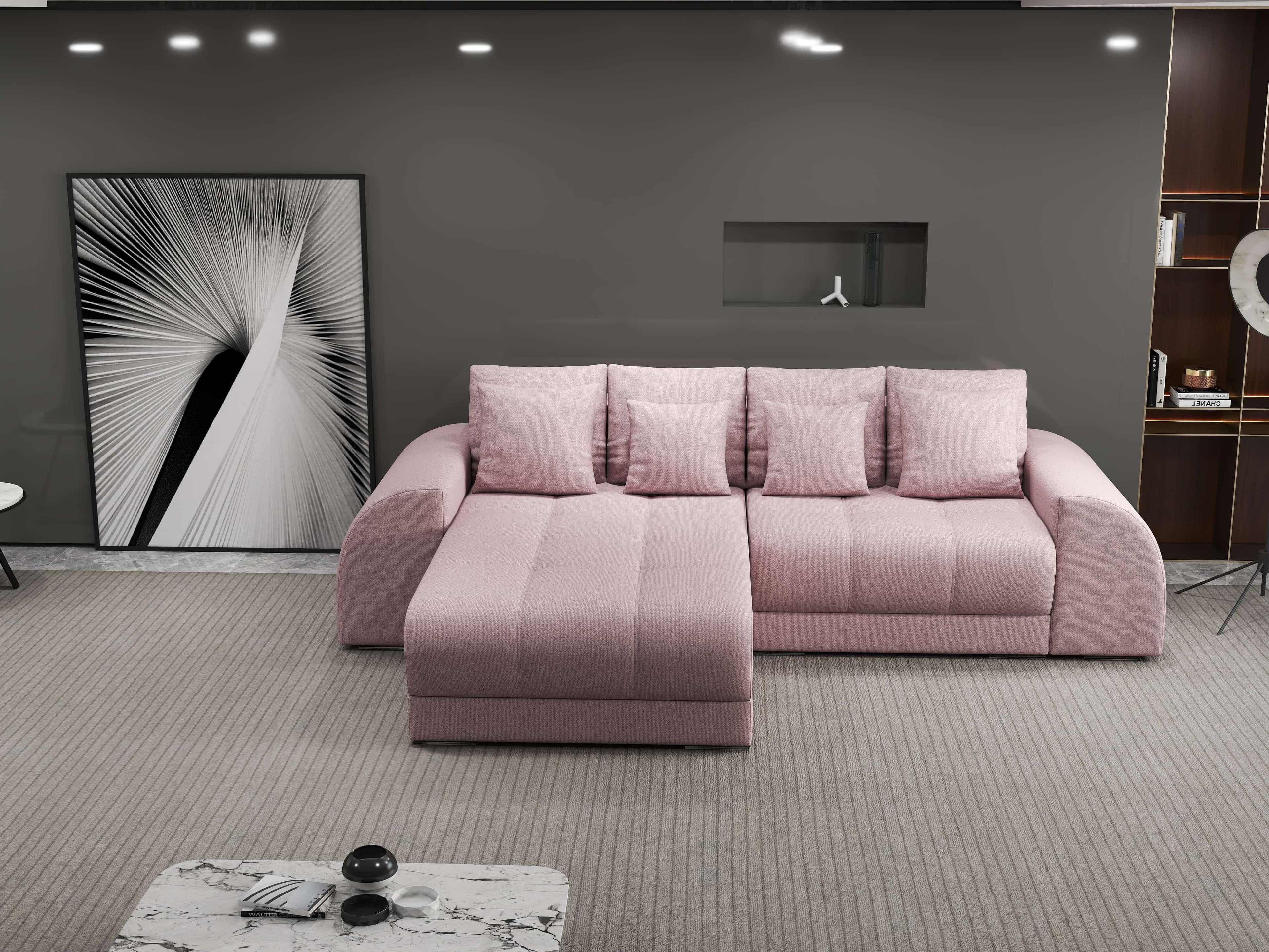 Colțar extensibil dumonde cu ladă de depozitare si sezut confortabil din spuma high-density, Verona Enjoy Roz 290x185 cm