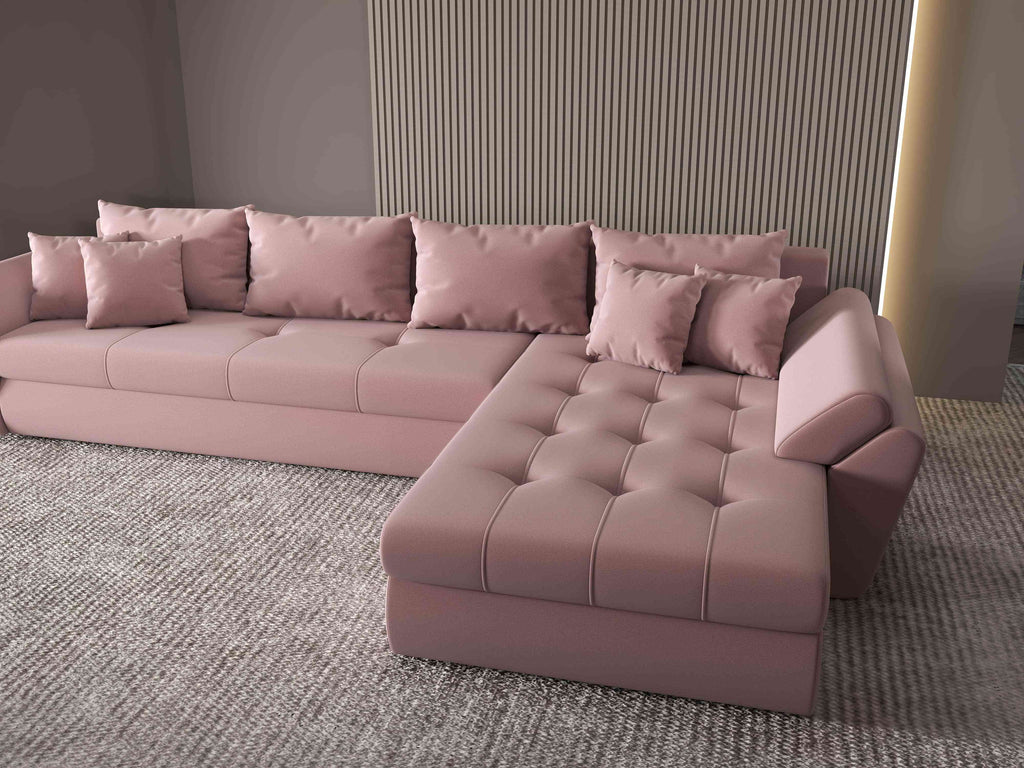 Colțar extensibil dumonde cu ladă de depozitare si sezut confortabil din spuma high-density, Loana XL Royal Roz II 335x185 cm