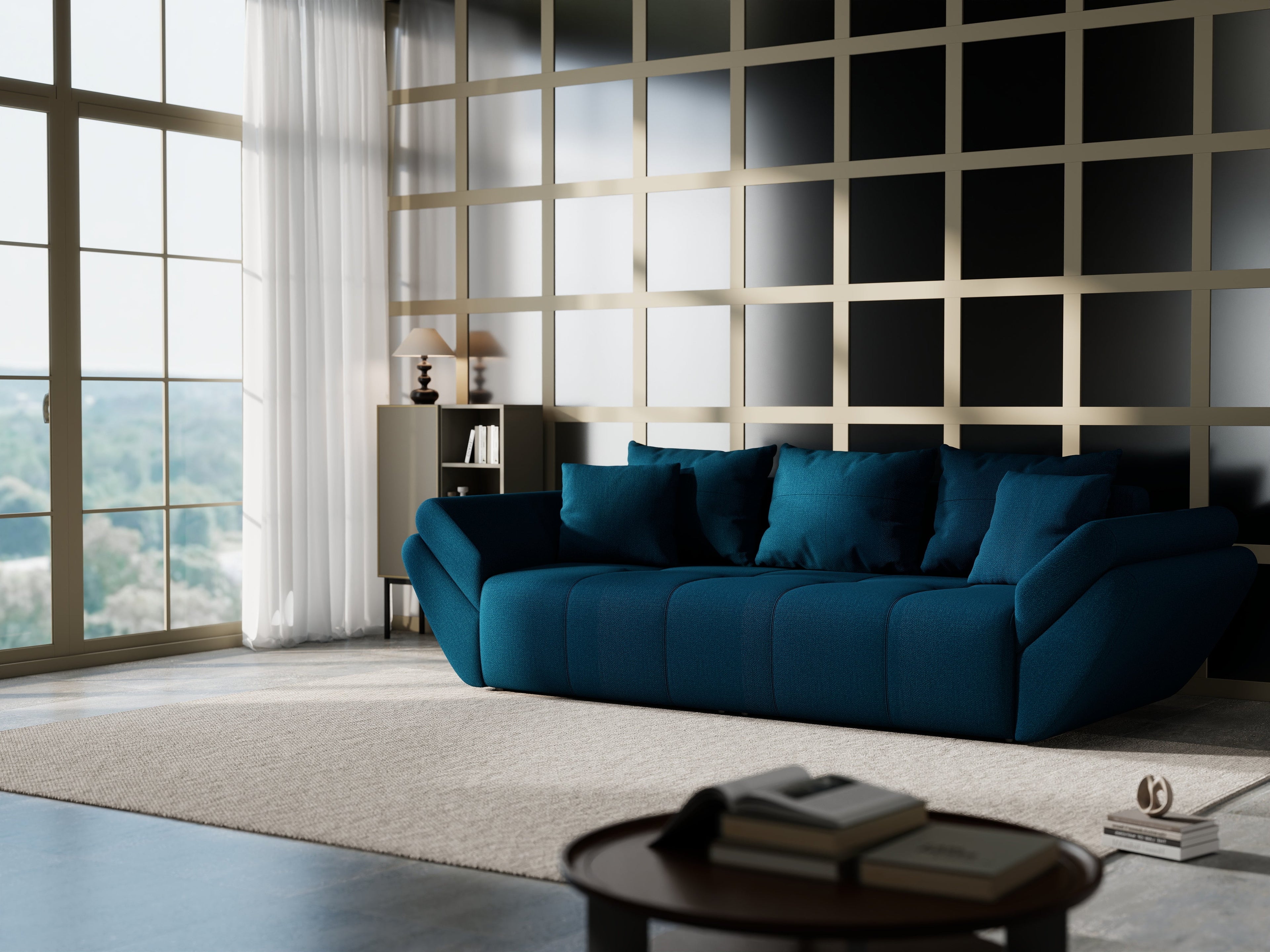 Canapea extensibilă dumonde cu ladă de depozitare si sezut confortabil din spuma high-density, Berlin Enjoy Petrol 250x100 cm
