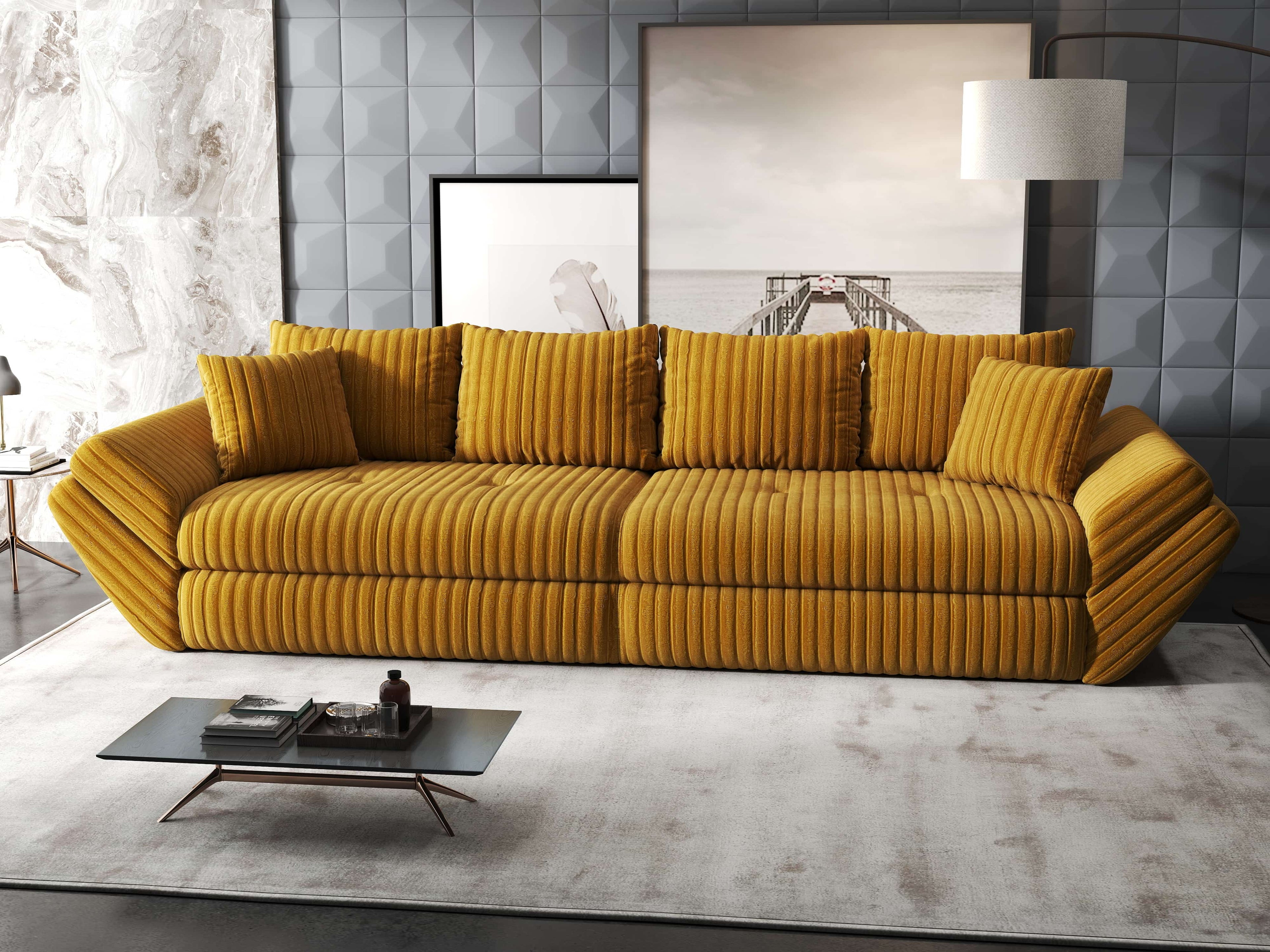 Canapea extensibilă dumonde cu ladă de depozitare si sezut confortabil din spuma high-density, Loana Ambience Mustar 300x100 cm