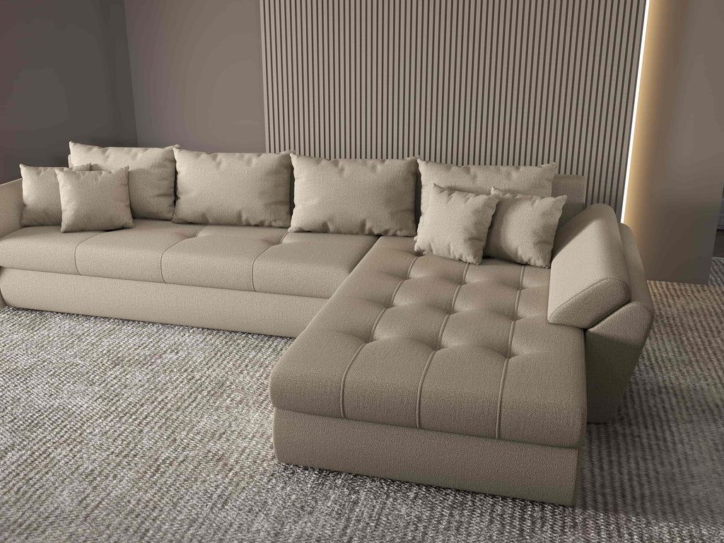 Colțar extensibil dumonde cu ladă de depozitare si sezut confortabil din spuma high-density, Loana XL Enjoy Camel II 335x185 cm