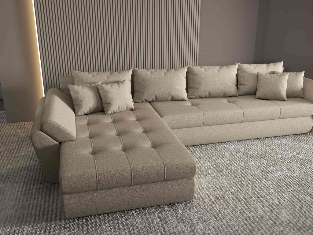 Colțar extensibil dumonde cu ladă de depozitare si sezut confortabil din spuma high-density, Loana XL Enjoy Camel 335x185 cm