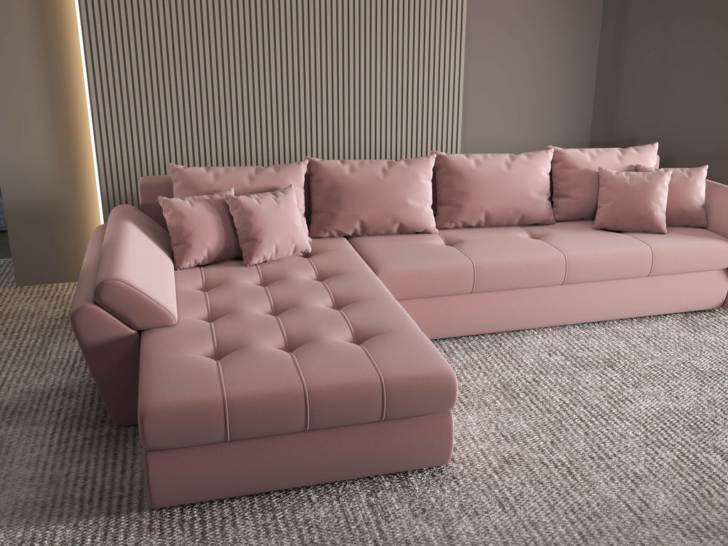 Colțar extensibil dumonde cu ladă de depozitare si sezut confortabil din spuma high-density, Loana XL Royal Roz 335x185 cm