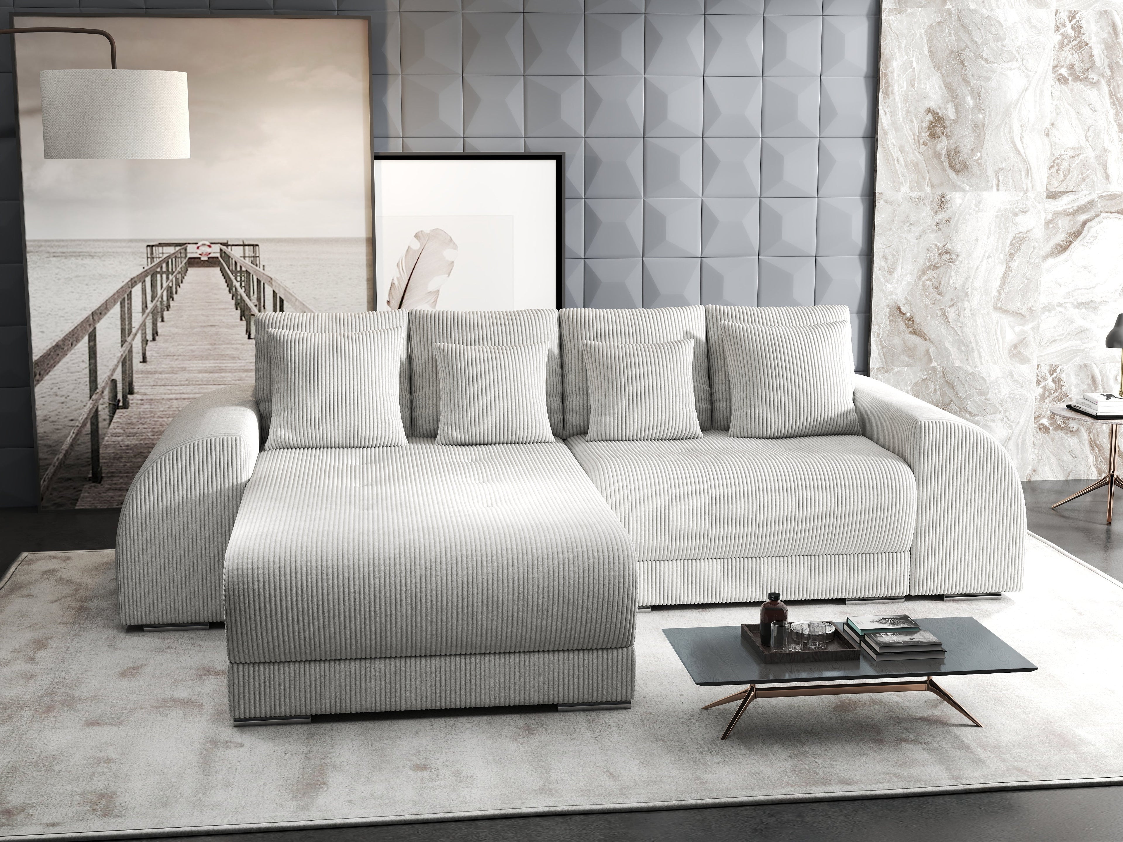 Colțar extensibil dumonde cu ladă de depozitare si sezut confortabil din spuma high-density, Verona Zoom Crem 290x185 cm